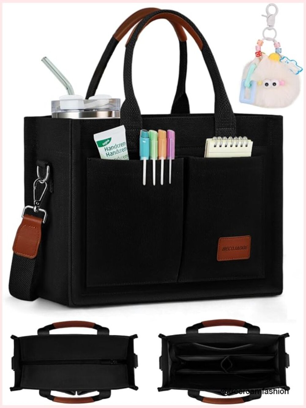 Structured Canvas Tote Bag Multi-Compartment Zippered Purse Work Travel